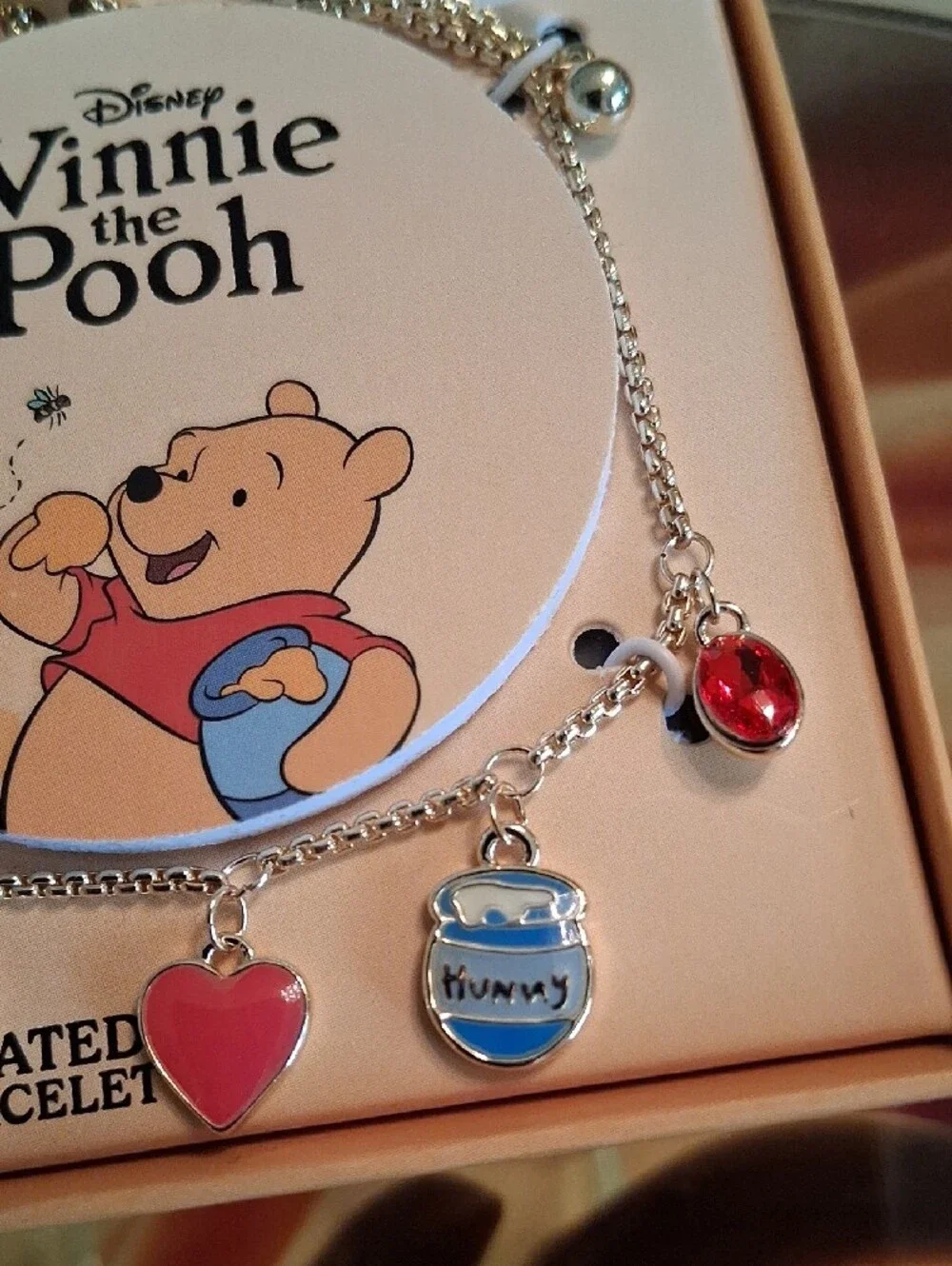 Disney Winnie the Pooh Gold Charm Bracelet W/ Red & Blue Accents.NWT. Super Cute